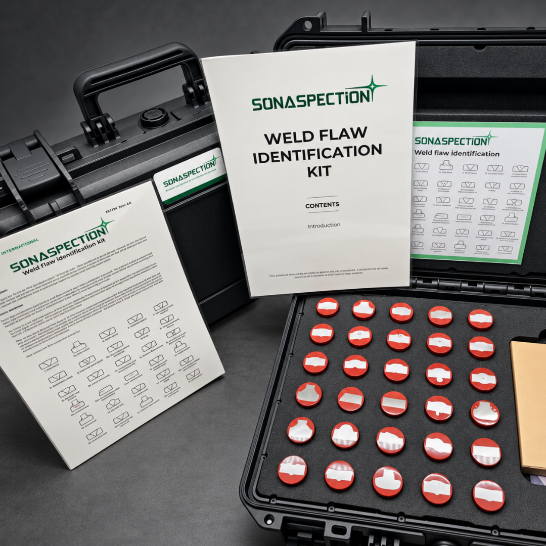 Sonaspection weld flaw identification kit with supporting documentation and flaw reference chart.