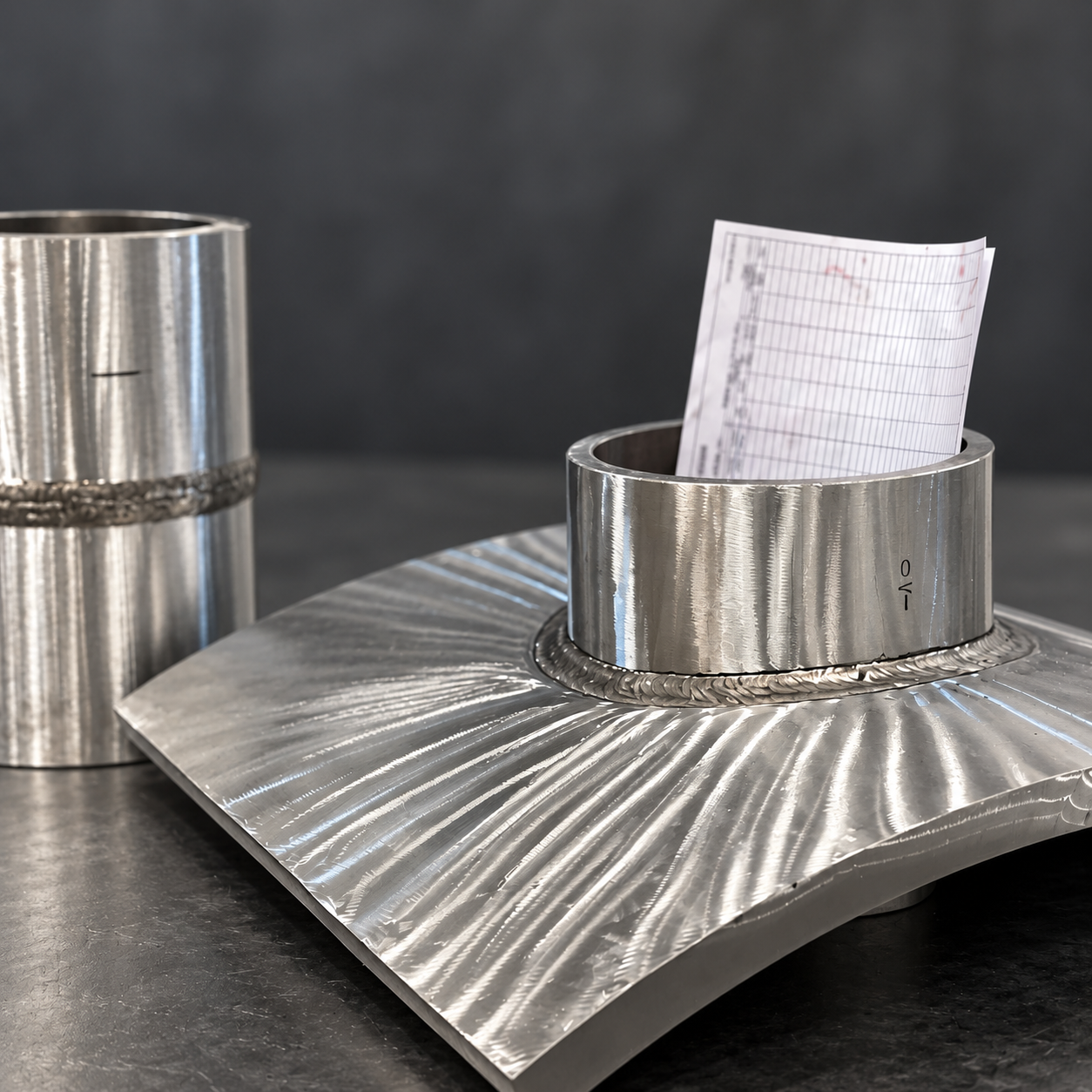 Sonaspection welded nozzle specimen with accompanying NDT documentation.